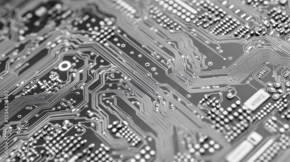 Poster close-up view of a complex circuit board showcasing electronic pathways and components.