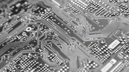 Close-up view of a complex circuit board showcasing electronic pathways and components.