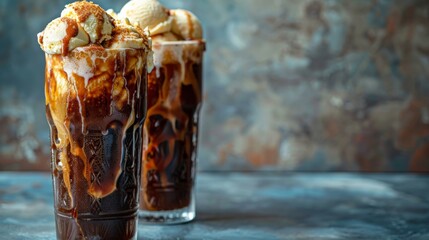 Fun ice cream floats with soda and scoops in tall glasses