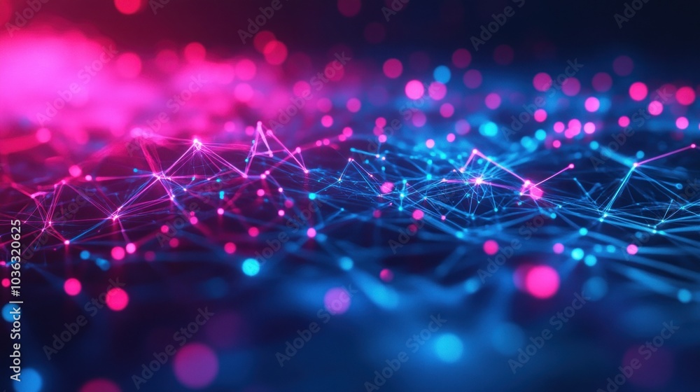 Poster a vibrant digital landscape with interconnected nodes and glowing particles.