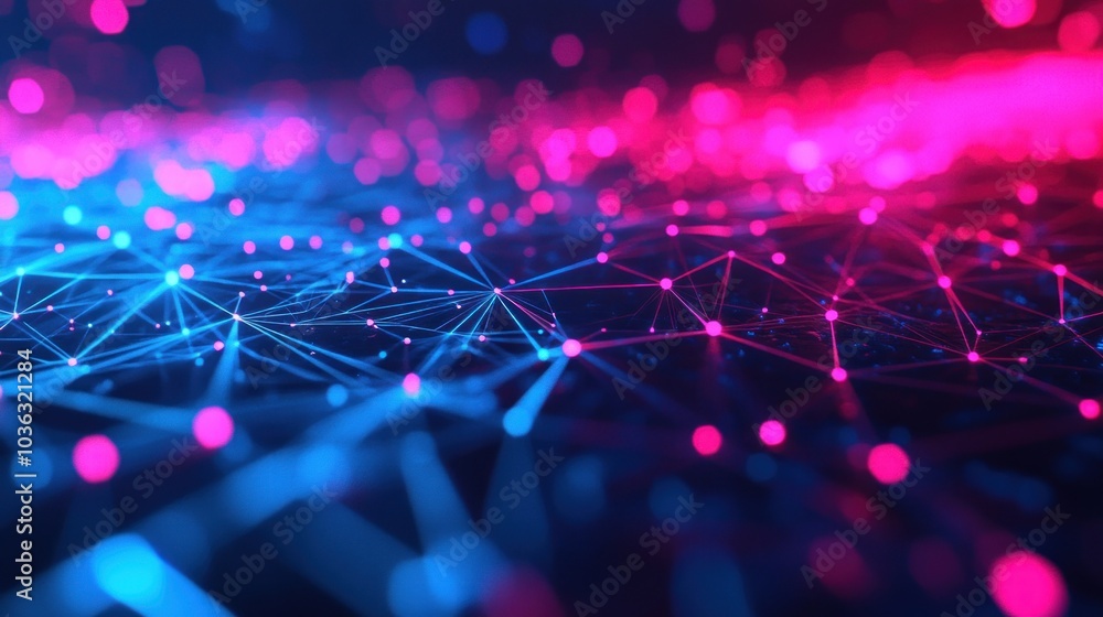 Poster abstract digital network with glowing nodes and connections in vibrant colors.