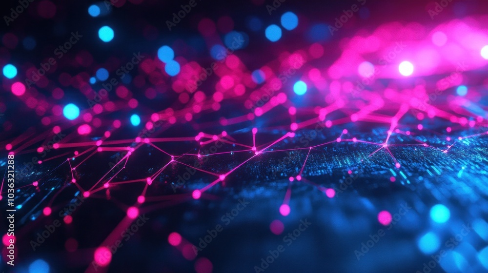 Poster abstract digital network visualization with vibrant colors and interconnected nodes.