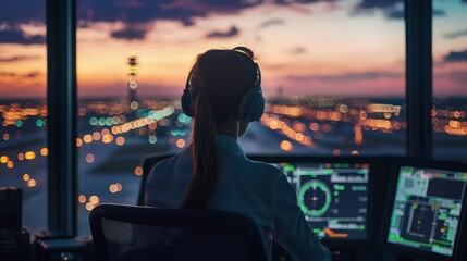 Air traffic controller, a woman, manages flights from a tower during evening.