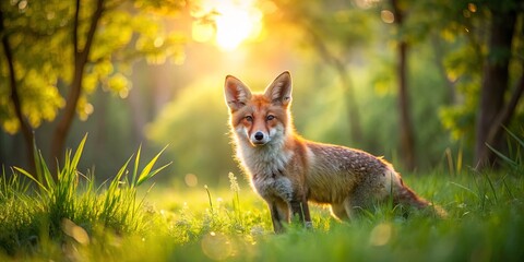 A Red Fox Standing Proudly in a Lush Meadow Bathed in Golden Sunlight, Its Fur Glowing with Warmth
