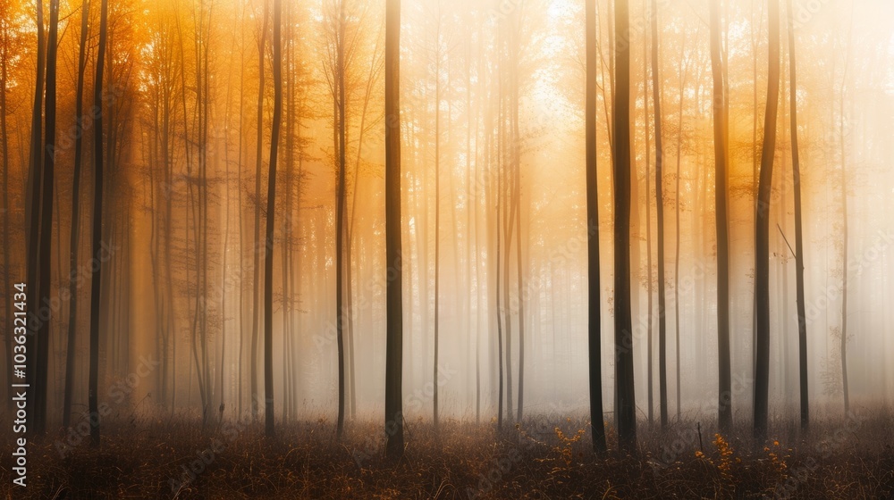 Aufkleber a minimalistic image of an autumn forest with a subtle textured gradient of burnt sienna mustard yel