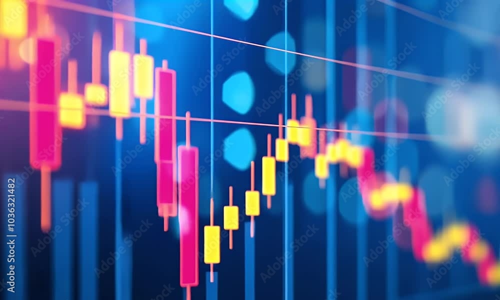 Poster a stock market graph with rising candlestick charts, representing an uptrending financial dashboard 