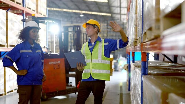 Smiling workers in distribution warehouse having a cheerful conversation. They wearing vest and safety helmet in work
