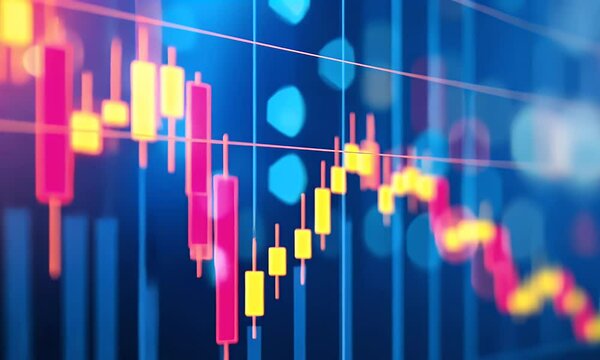 
A stock market graph with rising candlestick charts, representing an uptrending financial dashboard background. The chart is on the right side of the frame and shows upward arrows indicating growth i