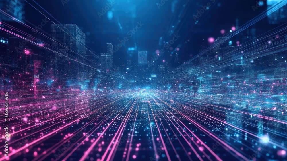 Aufkleber a futuristic digital landscape with vibrant lines and particles representing data flow.