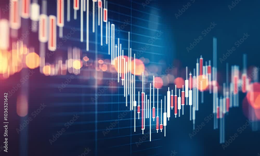 Poster a stock market graph with rising candlestick charts, representing an uptrending financial dashboard 