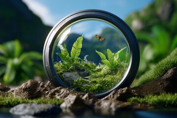 Nature, depicted in a futuristic landscape where wildlife, plants, and human technology coexist in an ecologically balanced environment