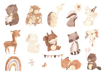 Fototapeta premium Watercolor bear, owl, bunny. Woodland animal illustration for kids