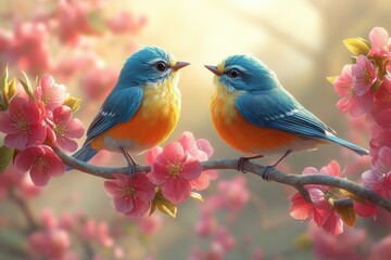 Two Beautiful, Colorful Birds Sitting on a Branch of Pink Flowers, Cartoon Style with Cinematic Lighting and Bright Colors, Ultra-Realistic Appearance  
