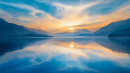 Obraz premium Serene Sunset Over Calm Lake and Mountains