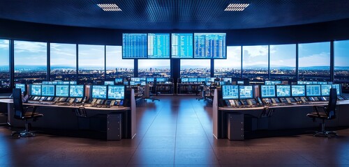 Operators in an airport control center monitor air traffic on computer screens.