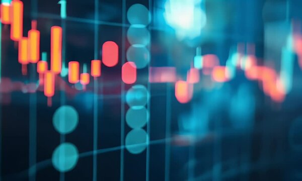 
A stock market graph with rising candlestick charts, representing an uptrending financial dashboard background. The chart is on the right side of the frame and shows upward arrows indicating growth i