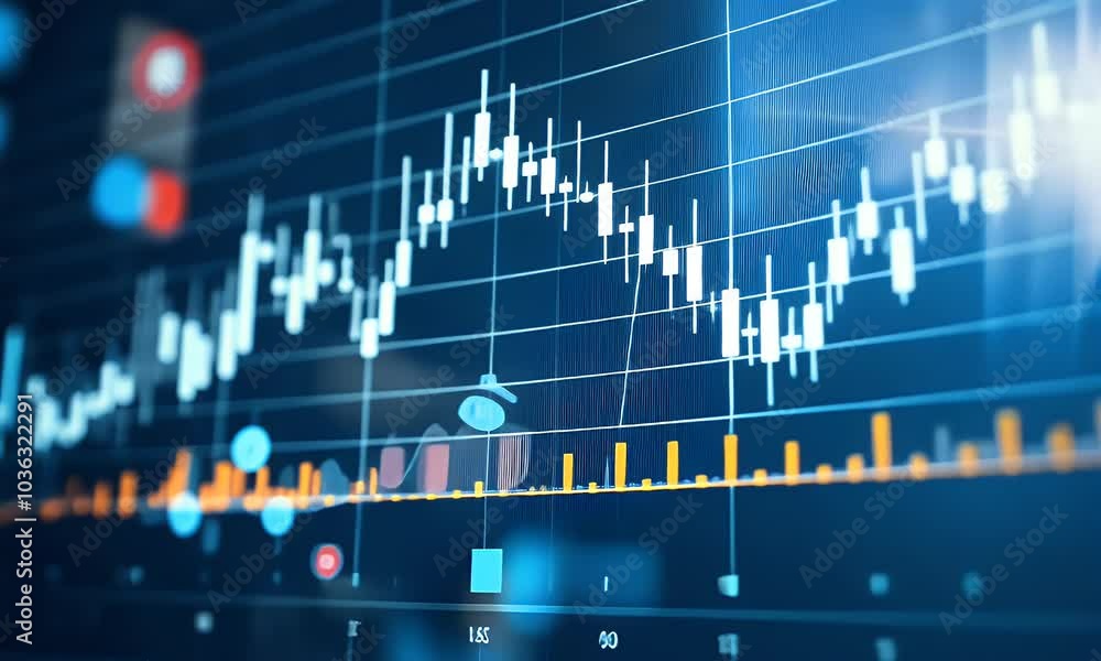 Poster a stock market graph with rising candlestick charts, representing an uptrending financial dashboard 