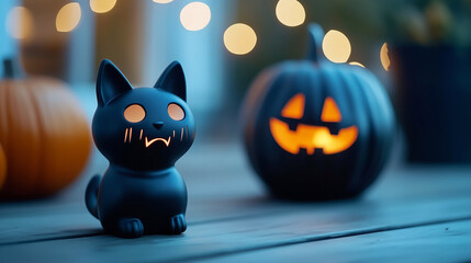 A black cat figurine with glowing eyes sits near a pumpkin with a spooky face, creating a festive atmosphere. Black cat figurine beside a carved pumpkin during a festive autumn evening.