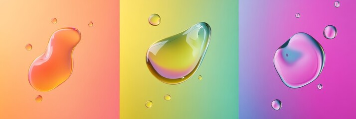 An illustration features three droplets of water resting on a glass surface, each reflecting with three different colored backgrounds, creating a vibrant effect.