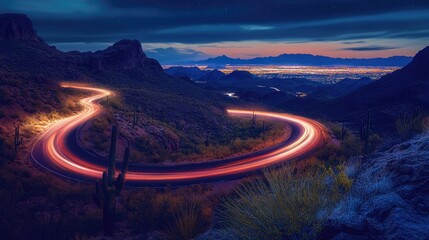 Bright light streaks on a winding road through a desert landscape