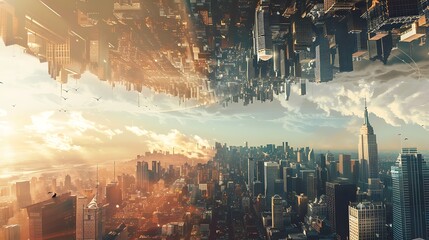 A surreal cityscape with an inverted skyline, blending urban architecture and dramatic clouds at sunset.