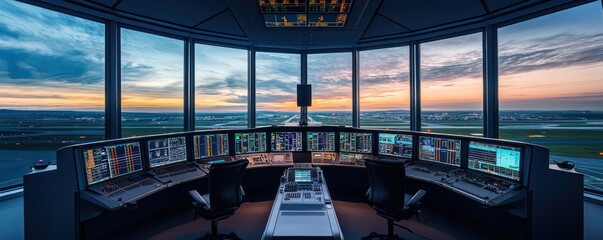 Controllers in an airport tower monitor flights with advanced navigation gear.