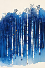 Traditional Japanese style woodcut print of abstract,  stylized tree trunks in blue and white.