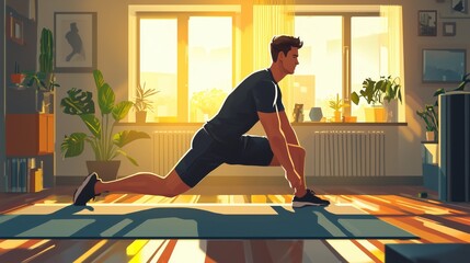 A young man performs a stretching exercise at home in the morning light, enhancing his fitness routine. Illustration of a young man training during morning workout at home with sunlight streaming in