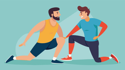 Two men stretching together after a workout discussing their progress and offering advice on how to prevent injuries.. Vector illustration