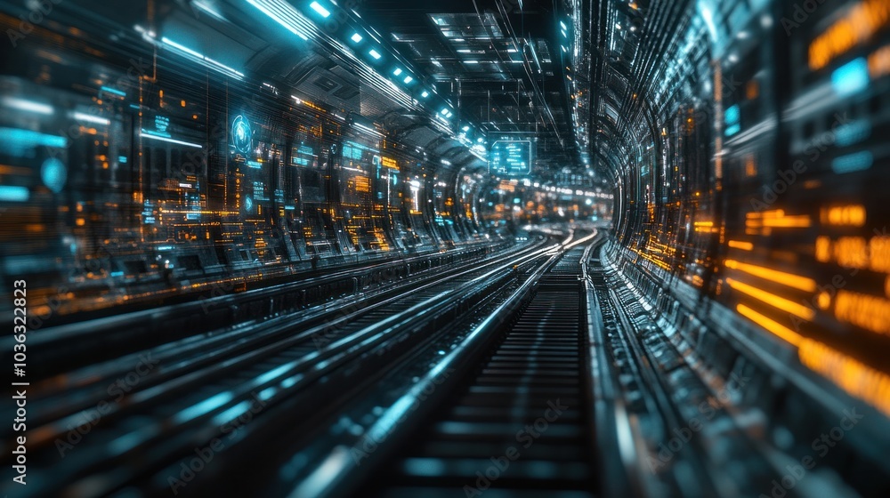 Poster a futuristic railway network connection, represented by a virtual interface used by engineers to mon