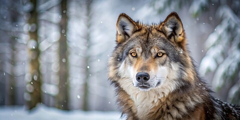 Fototapeta premium A wolf, with its fur blending into the snow, looks directly at the viewer, as if sensing something nearby in the winter forest.