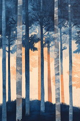 Japanese style woodcut print of abstract,  stylized pine tree trunks in blue, white and yellow.