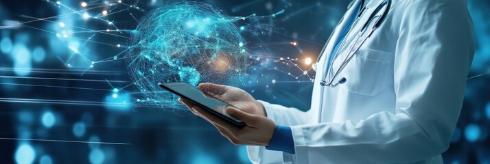 A medical professional holding a tablet with global healthcare connections, showing the growth of digital medical systems