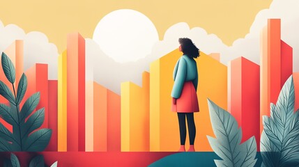 Fototapeta premium A woman stands in front of a city skyline with a large sun in the background