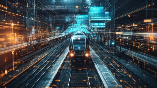 A modern industrial transportation network illustrated by engineers using smart interfaces to control electric trains and railway connections