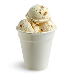 One white paper glass of decor Butter Pecan ice cream scoops isolated on a white background