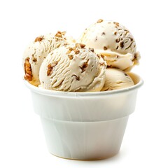 One white paper glass of decor Butter Pecan ice cream scoops isolated on a white background