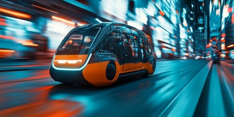 Obraz premium A cutting-edge, electric driverless taxi zooming through a vibrant city landscape, with the futuristic vehicle silently transporting passengers without human intervention.