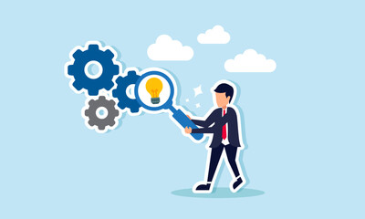 A businessman examines machine gears with a magnifying glass labeled with a light bulb, illustration of monitoring and evaluating if innovations and ideas are still relevant