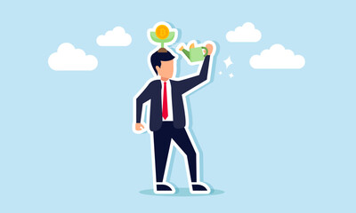 A businessman watering a plant with bitcoin flowers above his head, illustration of maintaining and monitoring the progress of bitcoin asset performance