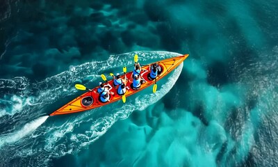 Aerial view of a group of people kayaking on a turquoise blue ocean.