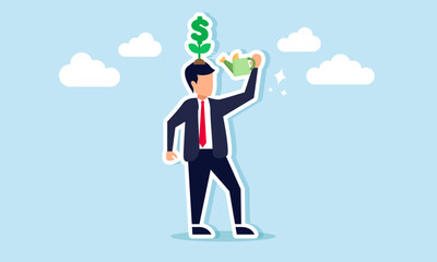 A businessman watering a blooming dollar sign plant above his head, illustration of maintenance related to monitoring the progress of company assets