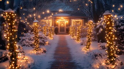 A house is lit up with Christmas lights, creating a warm and festive atmosphere