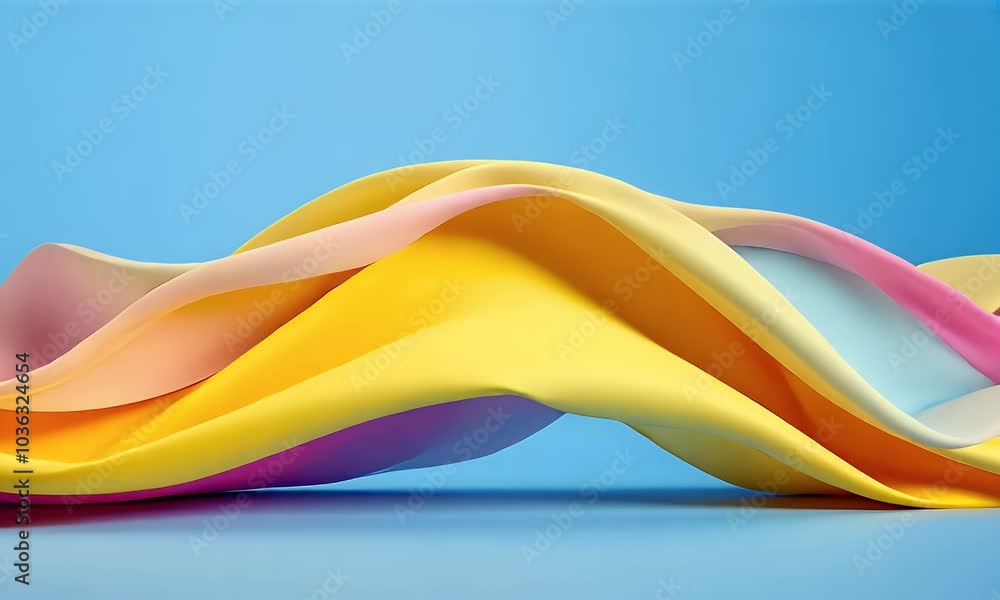 Poster 3d rendering of colorful pastel cloth in motion on a blue background. abstract shapes with draped fa