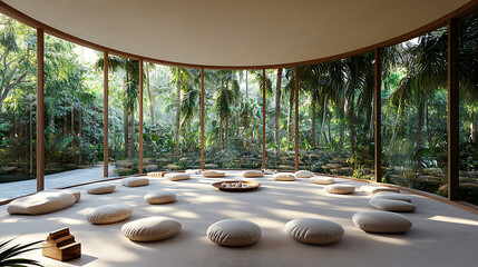 Fototapeta premium A soothing meditation room with soft cushions arranged in a circle, filled with natural light from floor-to-ceiling windows overlooking a tropical garden, offering a serene environment for mindfulness