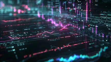 Fototapeta premium A futuristic digital interface displaying financial data and analytics through vibrant graphs and charts.