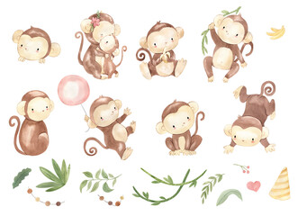 Watercolor monkey illustration for kids