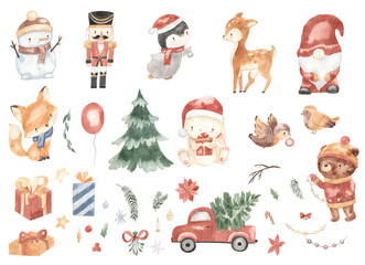 Watercolor Christmas, nutcracker, snowman, penguin, deer, gnome, bunny, fox illustration for kids