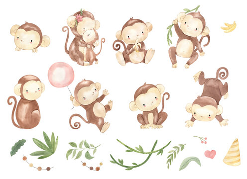Naklejki Watercolor monkey illustration for kids