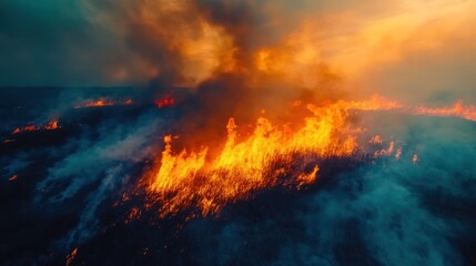 Fototapeta premium A dramatic scene of a wildfire engulfing a landscape at sunset, with smoke and flames visible.